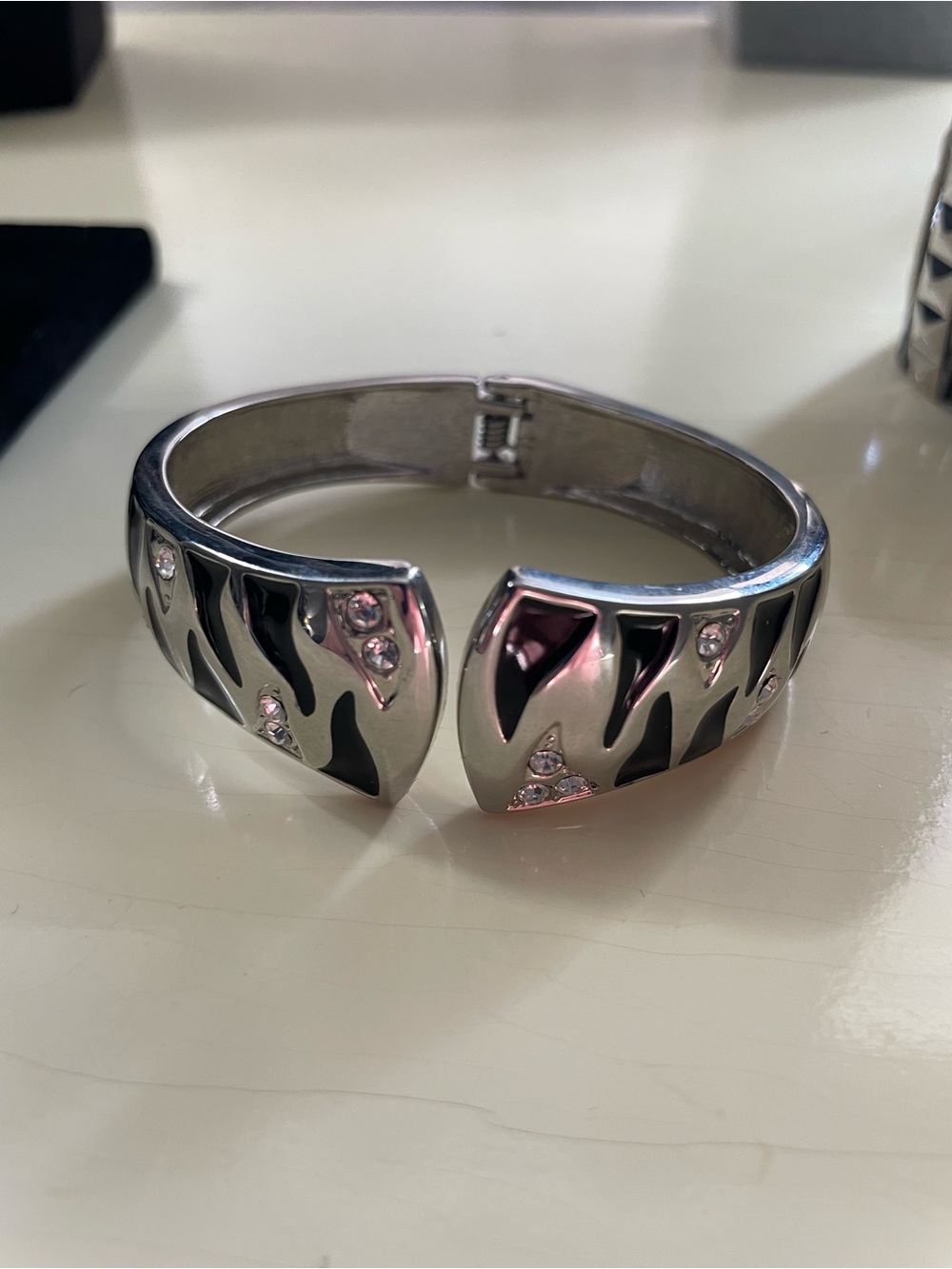 Silver-Tone Black Accent Cuff Bracelet with Crystal Accents